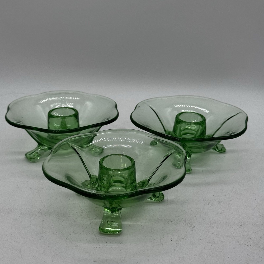 Set of 3 Vtg Green Uranium Vaseline Glass Candlestick Holders Rare Tri-Footed